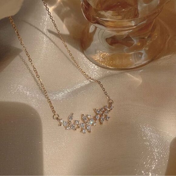 Gold 14k Plated CZ Flowers Chain Necklace - Picture 2 of 2